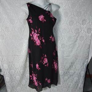 Evan Picone black with  pink roses maxi dress one shoulder size 16